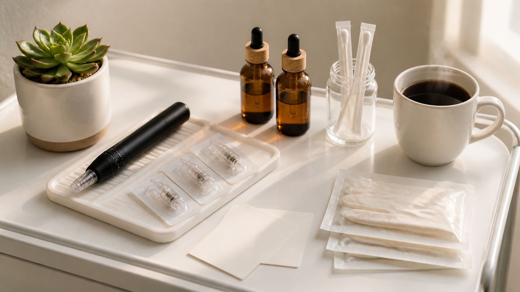 Werkbank van een esthetische kliniek met microneedling-pen, serums, voor-na-foto's, koffie