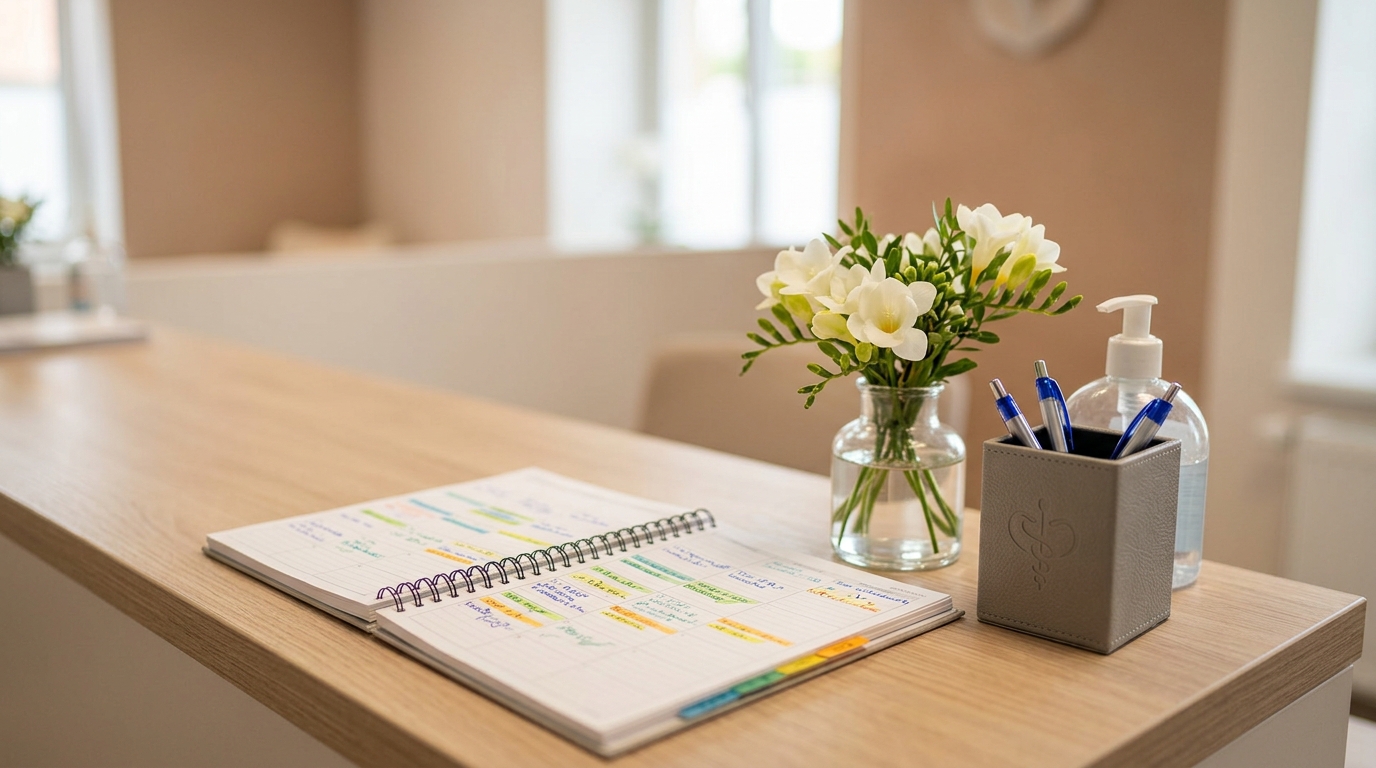 Receptie van een kliniek met afsprakenagenda