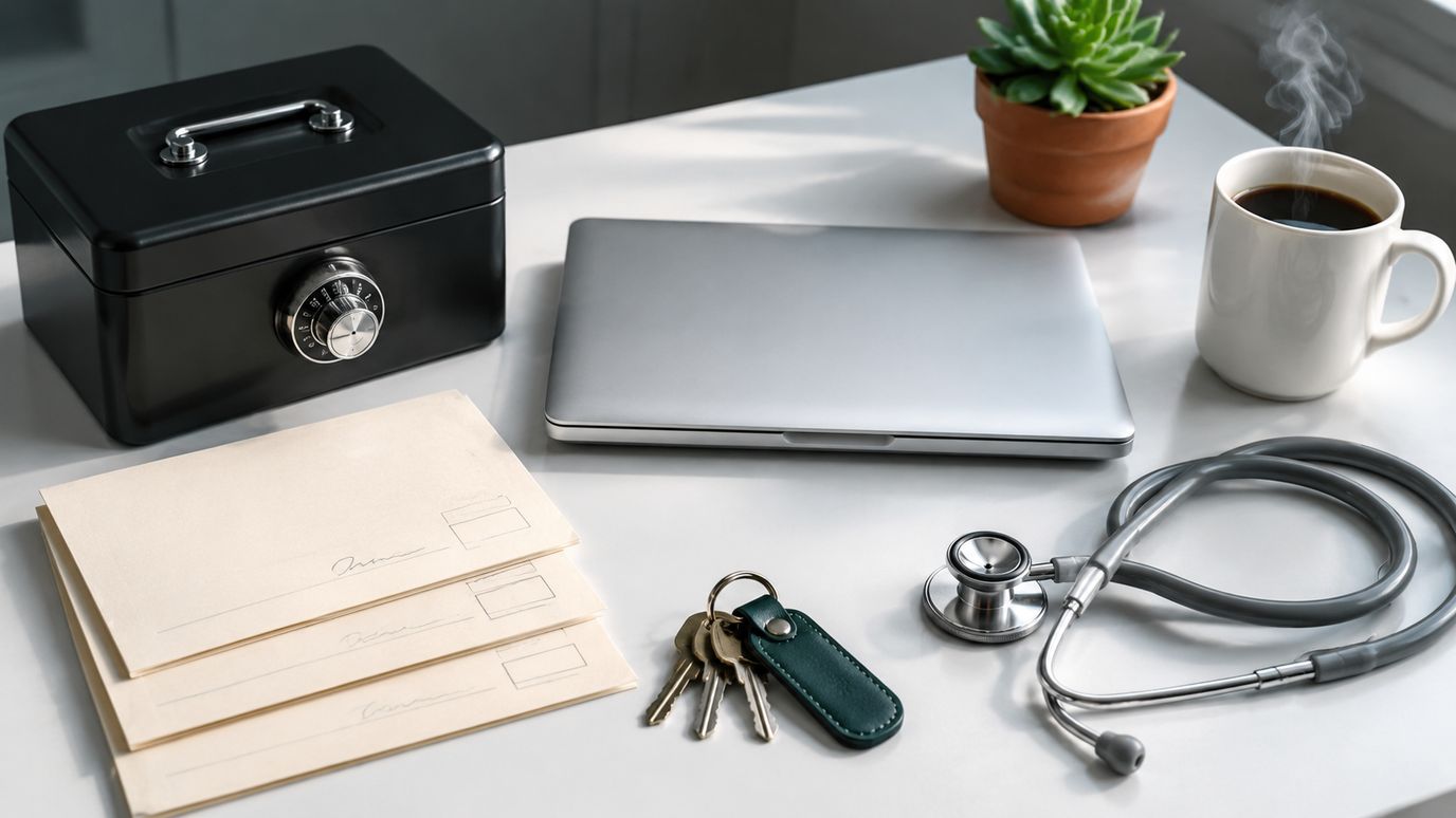 Bureau in kliniek-administratie met AVG-toestemmings-formulieren, vergrendelde dossiermap, slot, stetoscoop en koffiemok