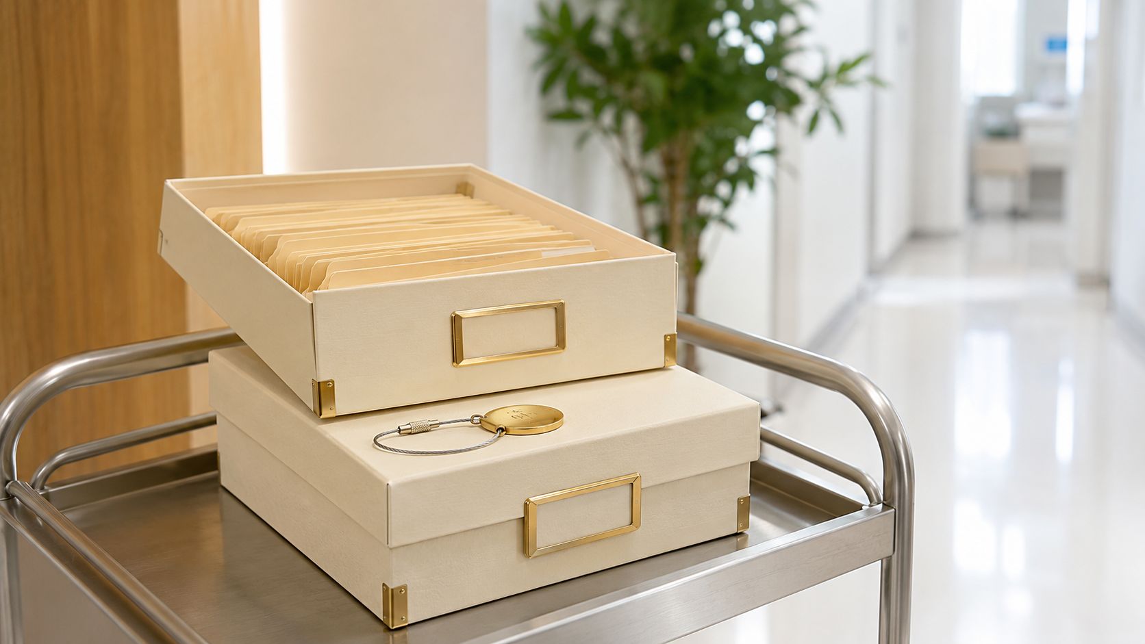 Archiefkar met verzegelde crème archiefdozen en patiëntmappen in een moderne kliniekgang
