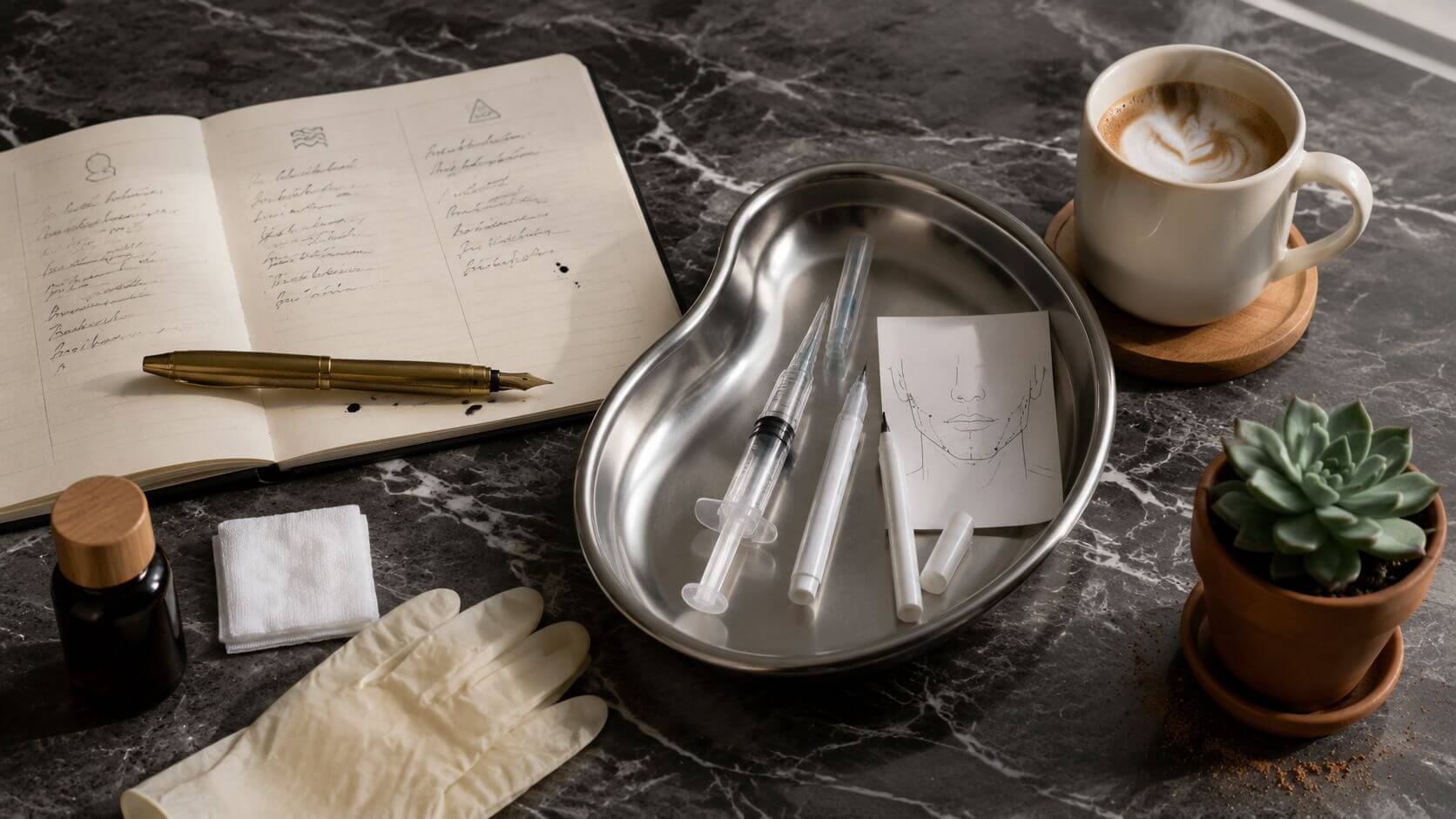 Behandelkamer met mannen-specifieke esthetiek-aanbod: filler-syringe, brotox-naald en kaaklijn-marker pen op een instrumententafel