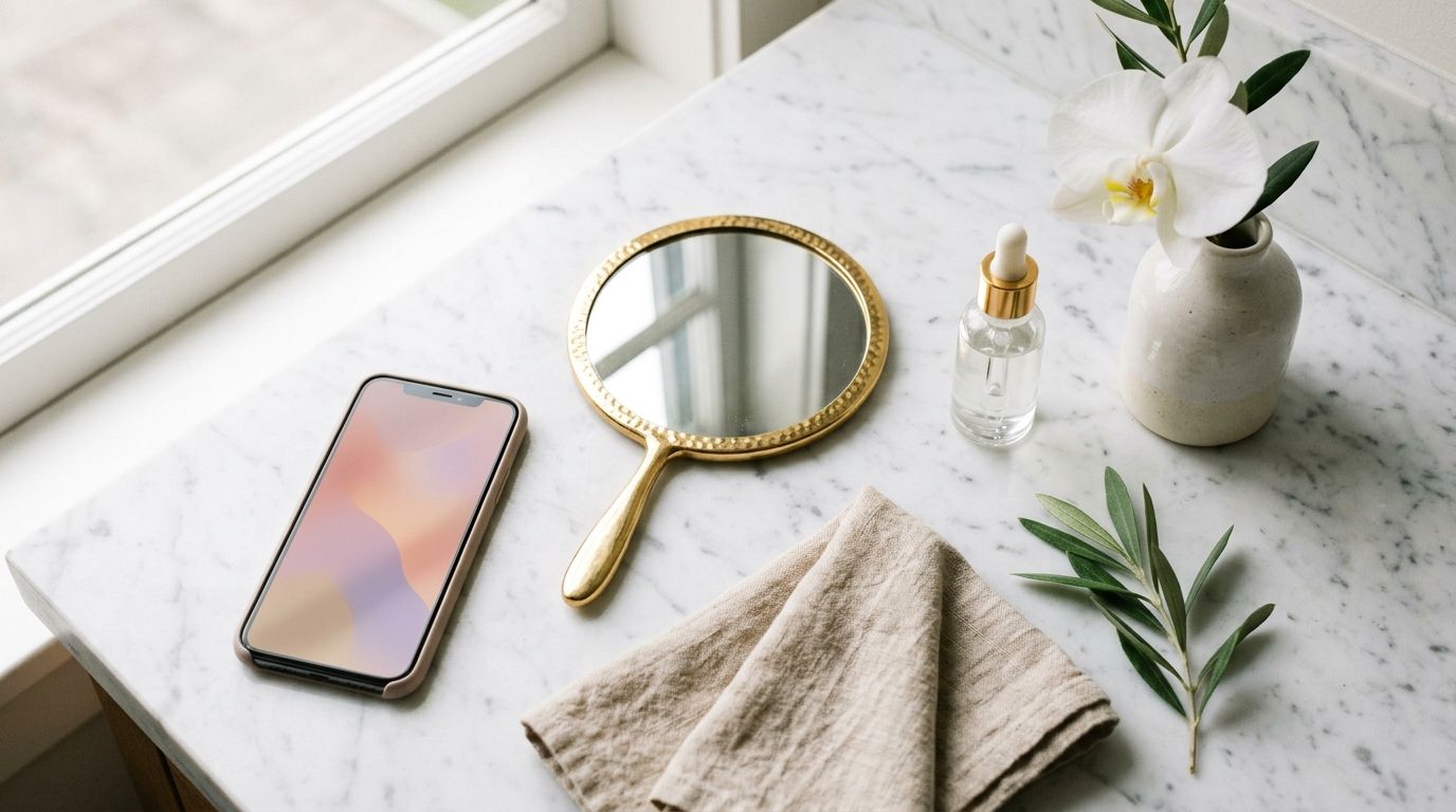 Cosmetische kliniek behandelkamer met spiegel, licht, smartphone en consult notitieboek