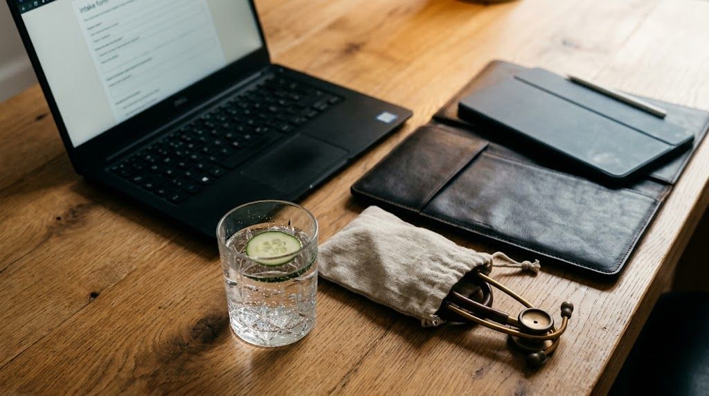 Cosmetische kliniek-receptie met laptop, digitaal pre-screening formulier op het scherm en een tablet met patiëntgegevens, in warm middag-licht