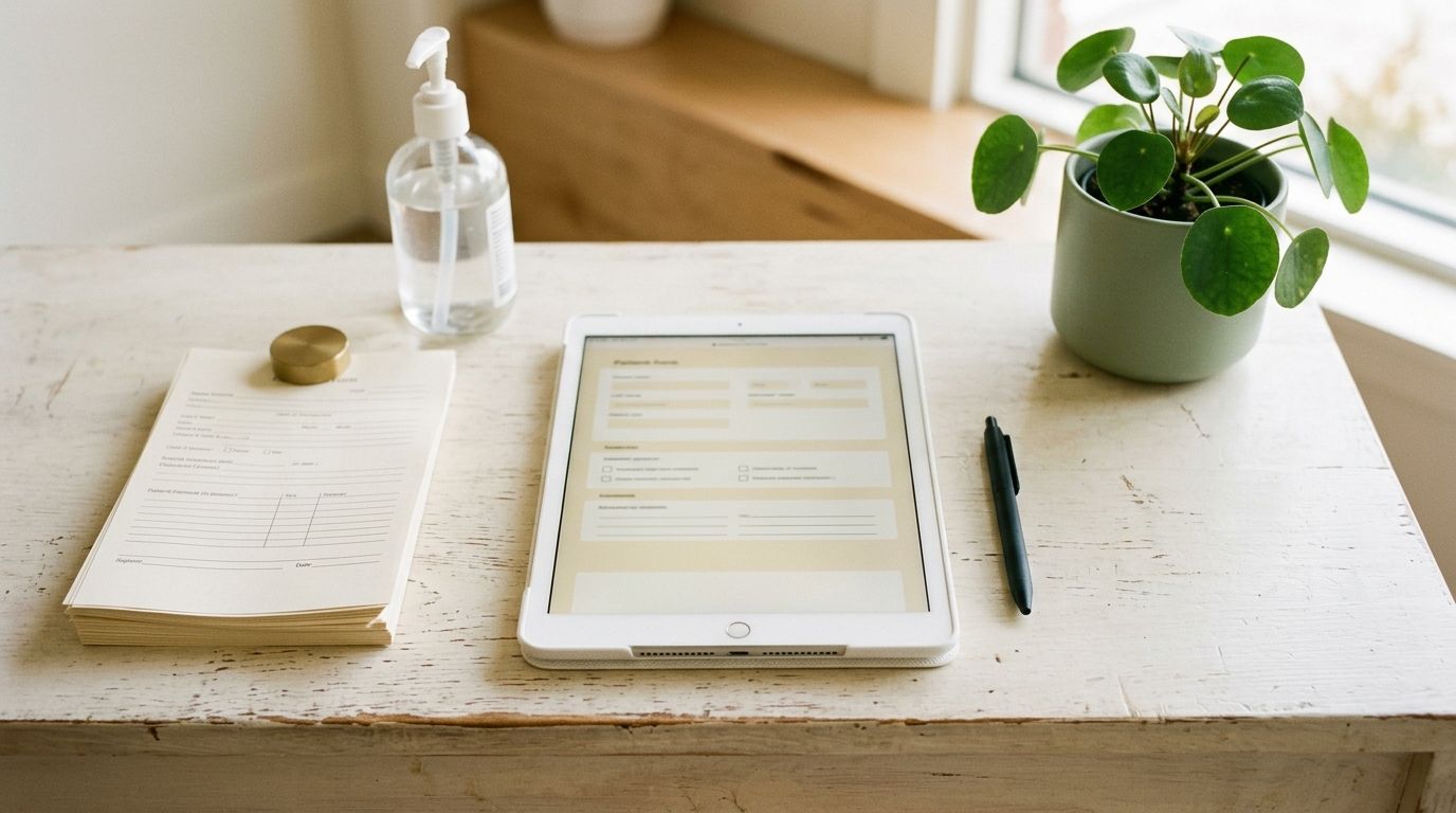 Ontvangstbalie van een Nederlandse privékliniek met tablet, een stapel intake-formulieren, hand-sanitizer en een plant, neutrale kleuren en natuurlijk licht