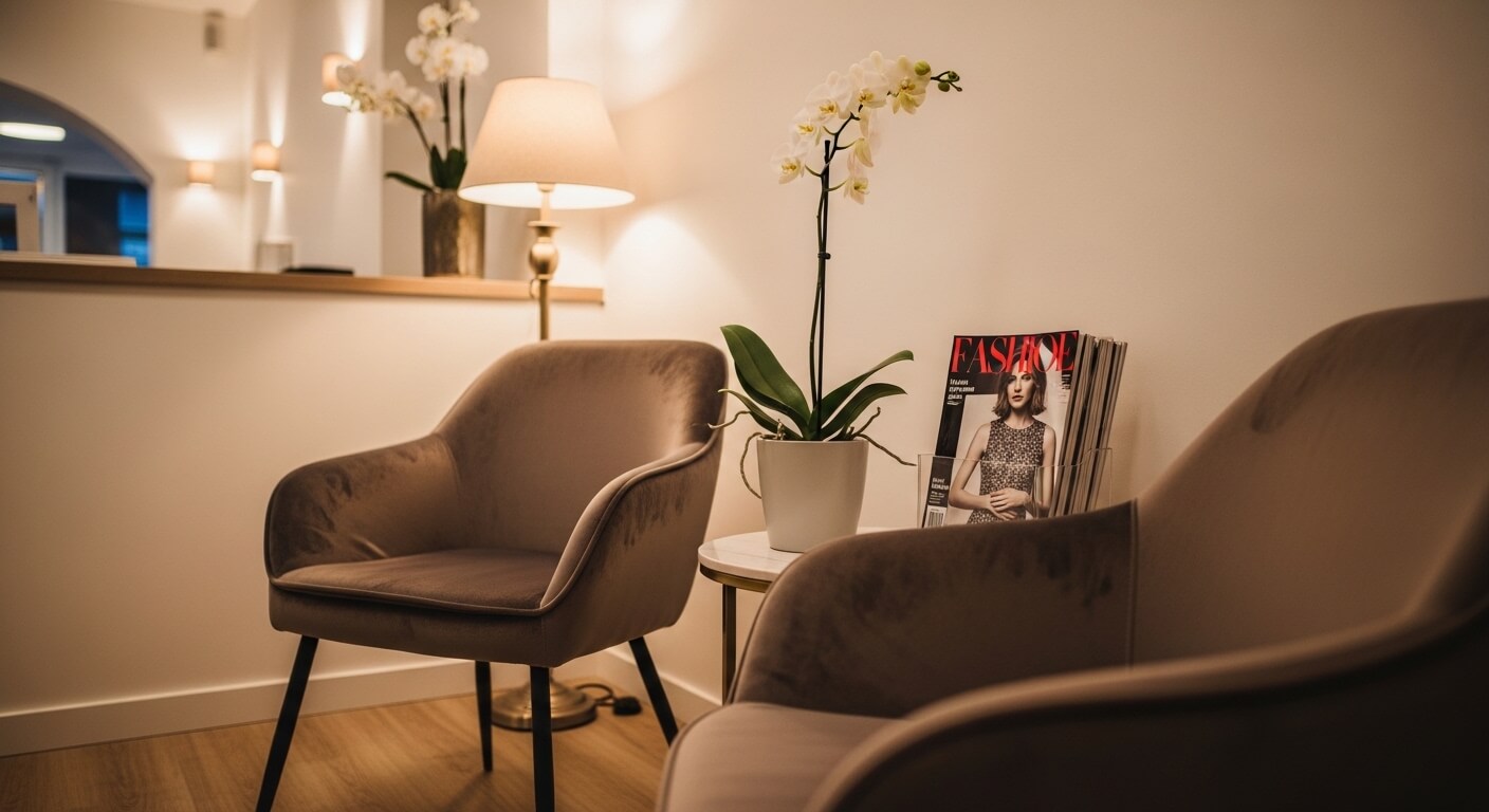 Stijlvolle cosmetische kliniek wachtruimte met velvet stoelen