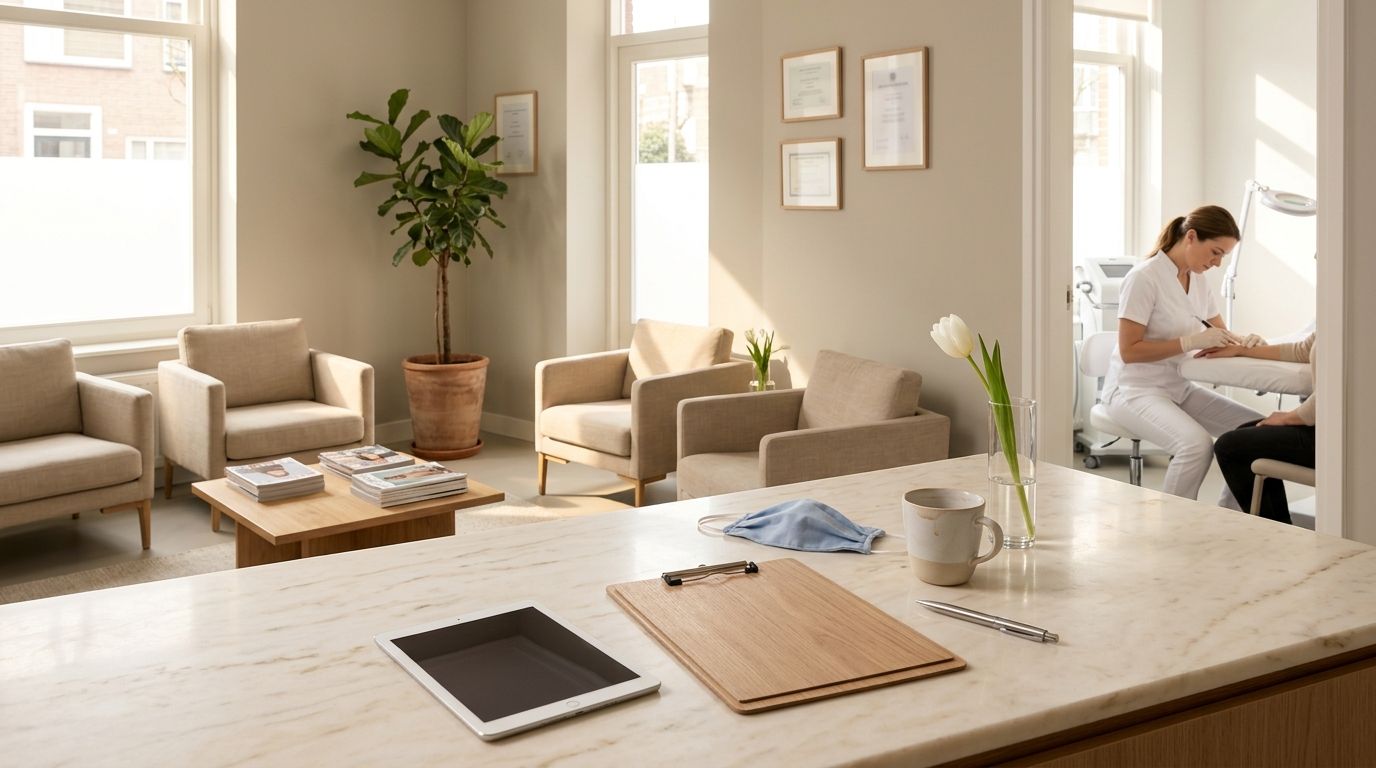 Werkbalie close-up: tablet face-up met een Google Bedrijfsprofiel foto-galerij geopend (geblurde miniaturen), een houten klembord met handgeschreven beeldrechten-toestemmingsformulier (illegible handschrift), een stoffen mondkapje, een ceramic mok met steaming groene thee op een marmeren werkblad, ochtendzon door een hoog raam