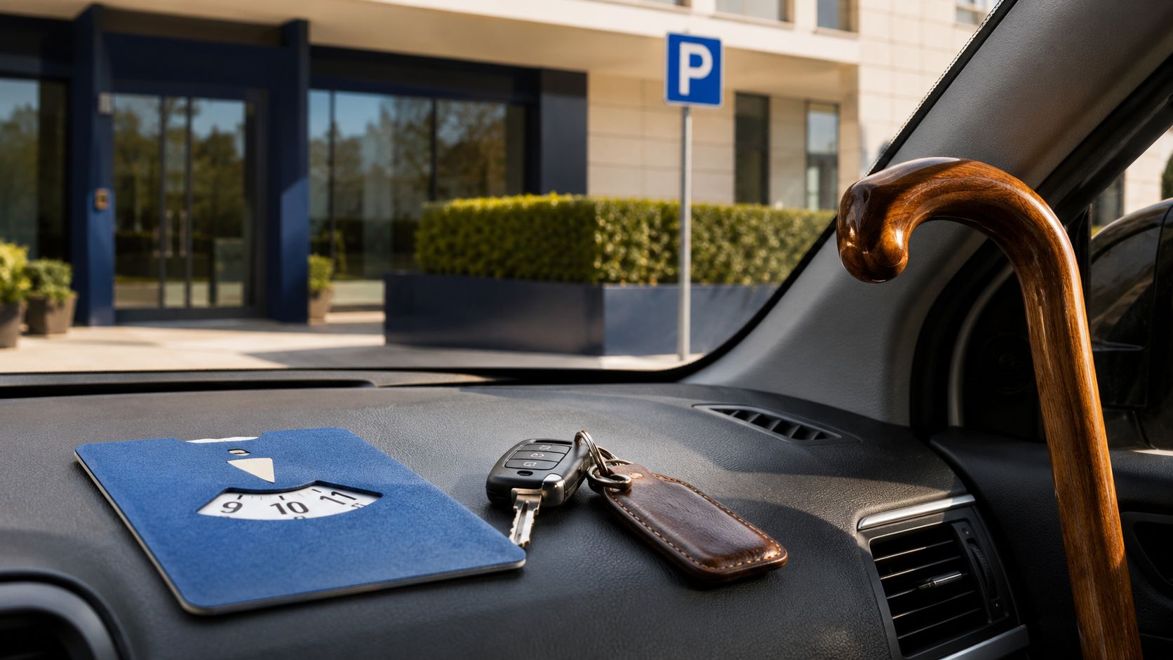Blauwe parkeerschijf, autosleutels en een wandelstok op het dashboard van een auto voor de ingang van een kliniek