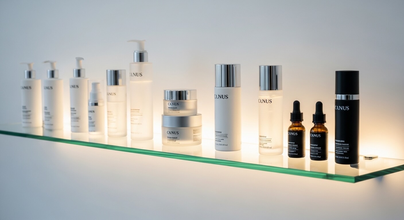 Stijlvol interieur van een cosmetische kliniek met behandelstoel en glazen planken