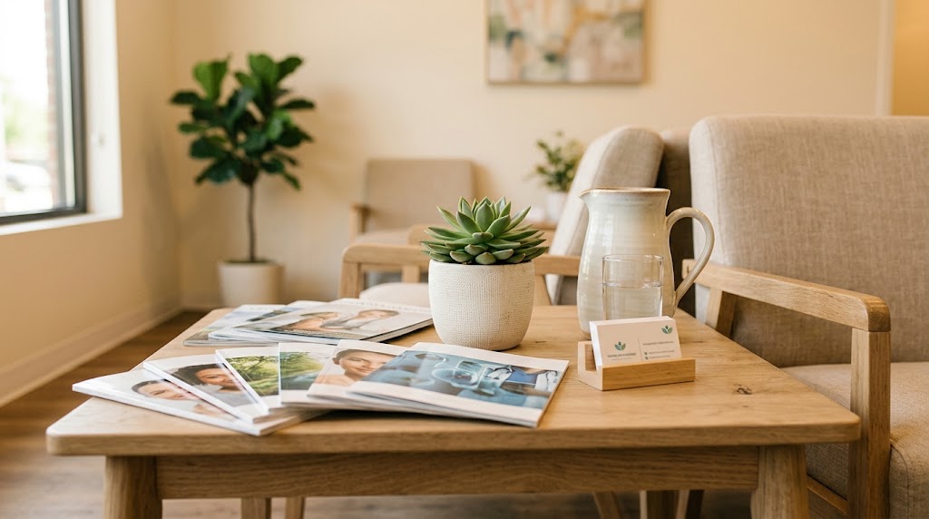 Receptie van een kliniek met bloemen en gastenboek