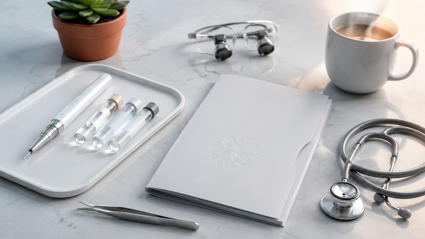 Behandelkamer kliniek met FUE-extractor instrument, PRP-buisjes, gestileerd dossier en koffiemok