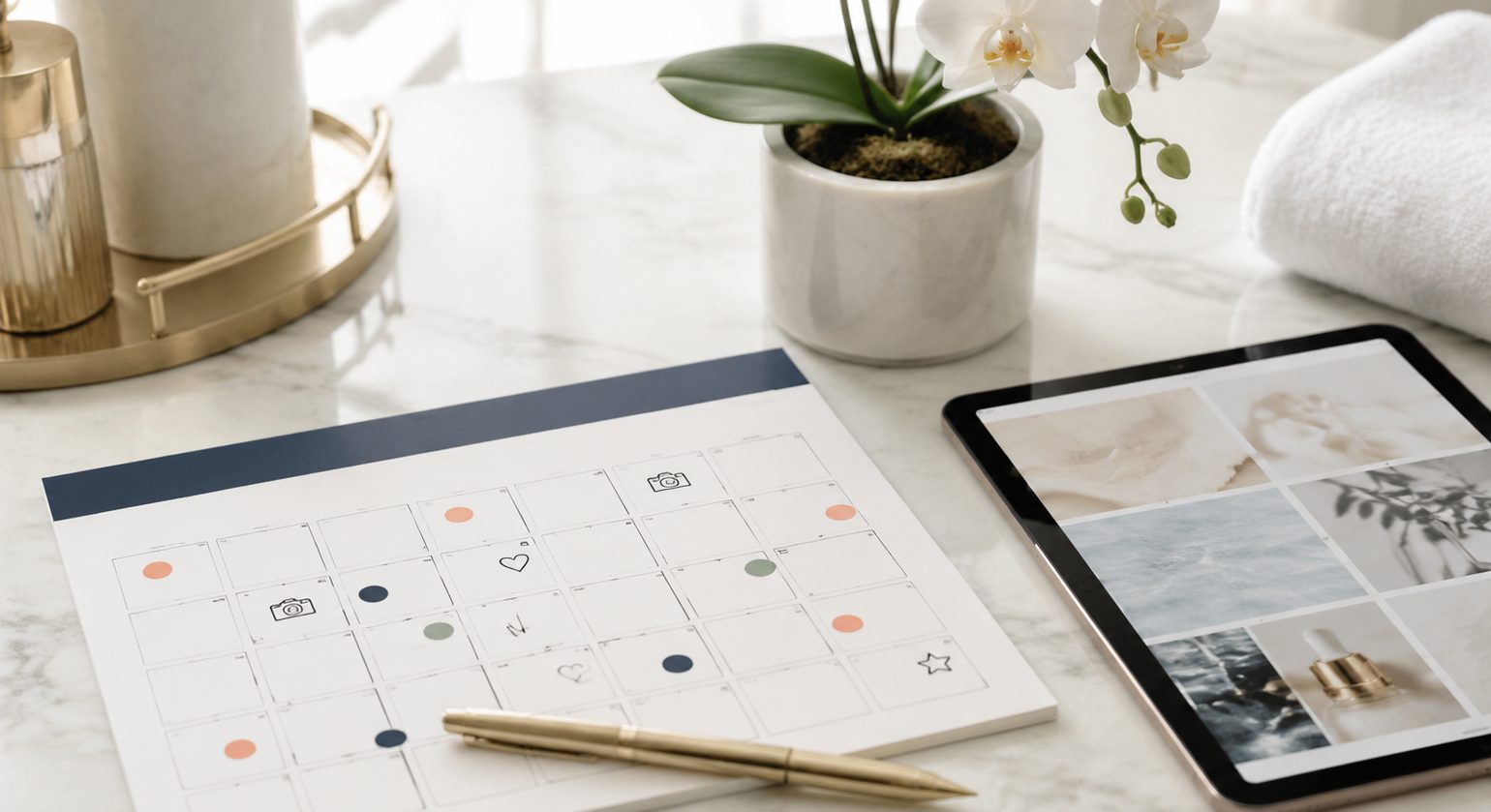 Geprinte 30-dagen contentkalender op een design-balie in een cosmetische kliniek, naast een tablet met een Instagram-overzicht