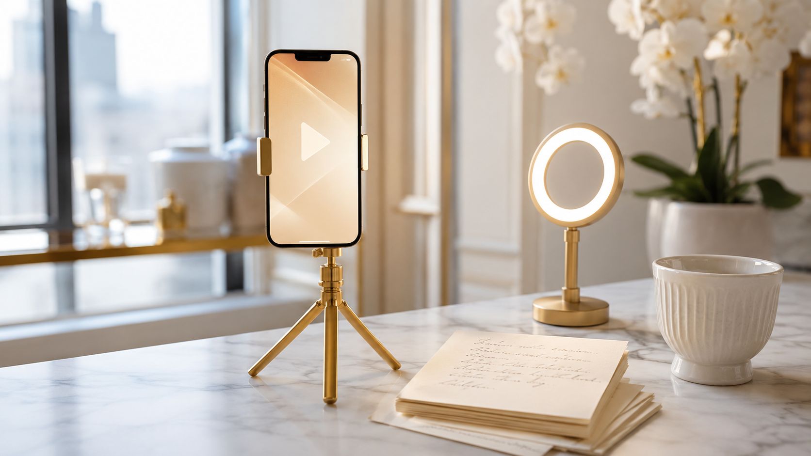 Behandelruimte van een moderne cosmetische kliniek met ringlamp en telefoon op statief