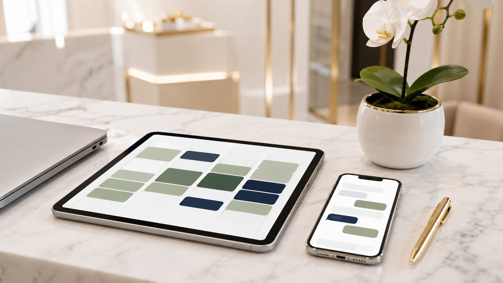 Design-receptie van een moderne kliniek met een tablet die een agenda-overzicht toont, in een rustige premium wit-crème omgeving met goud-accenten