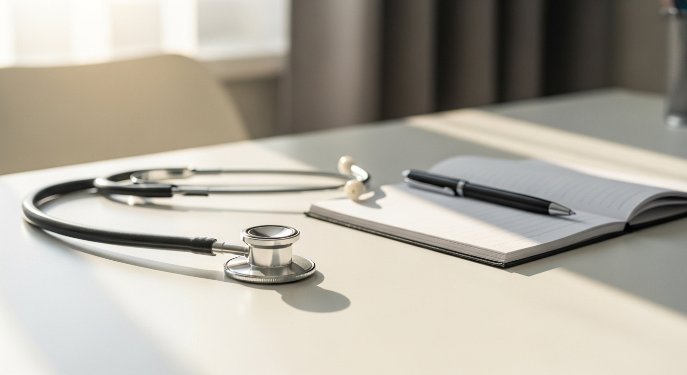 Stethoscoop en notitieblok op een wit bureau