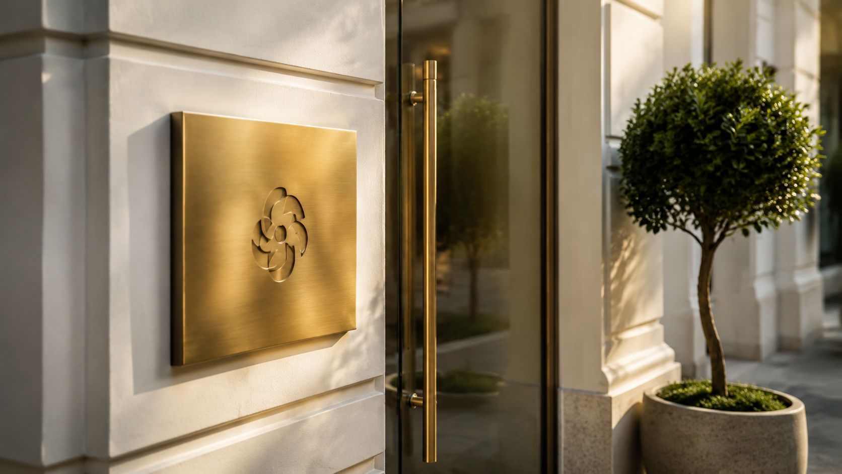 Close-up van de entree van een premium private kliniek: een elegant geborsteld-gouden naambord op een crème-witte gevel naast een glazen deur, met een sculpturale laurierboom in vroege ochtendzon