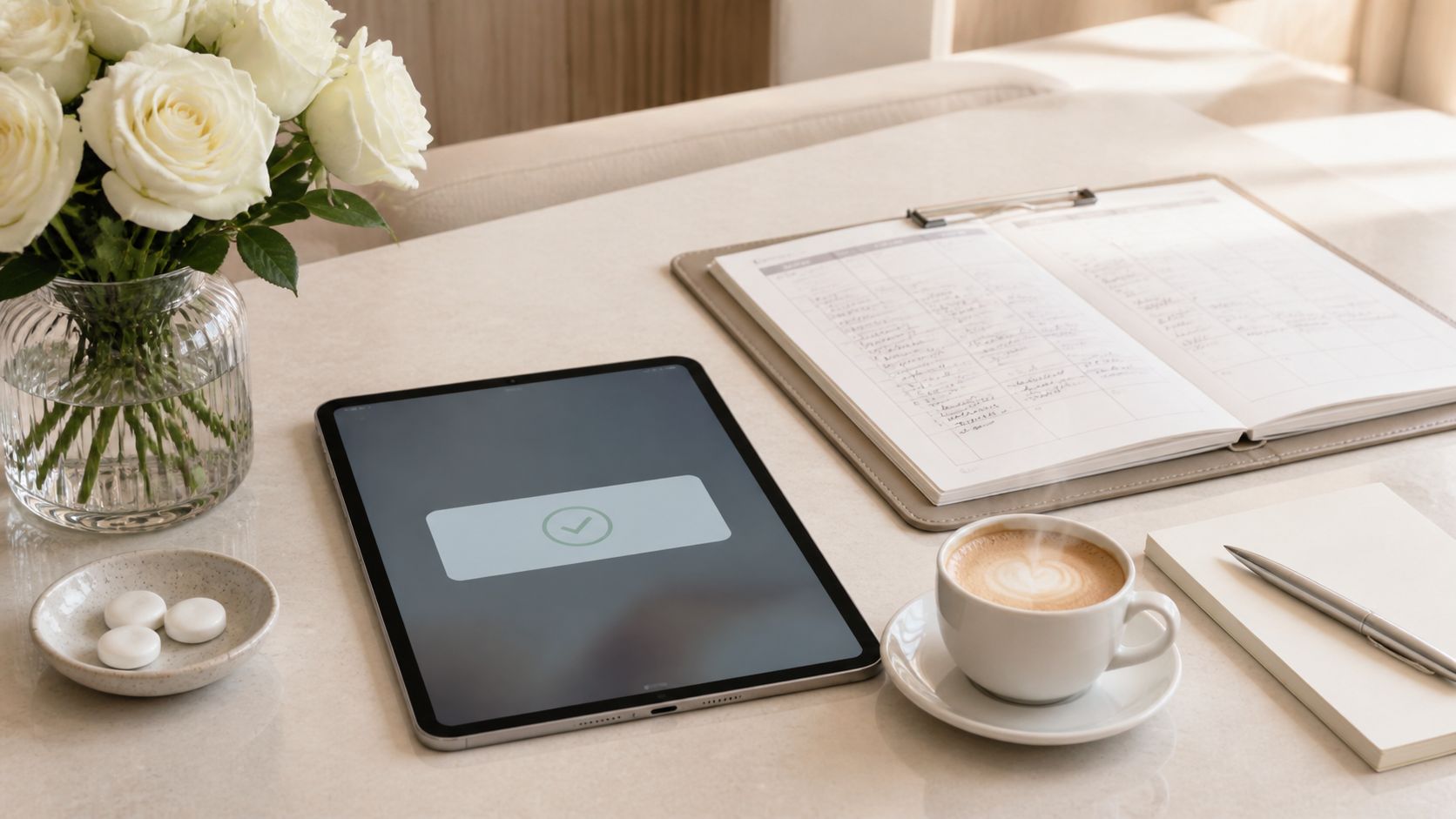 Reception desk in een Nederlandse kliniek met agenda-tablet, bloemen, koffie en clipboard