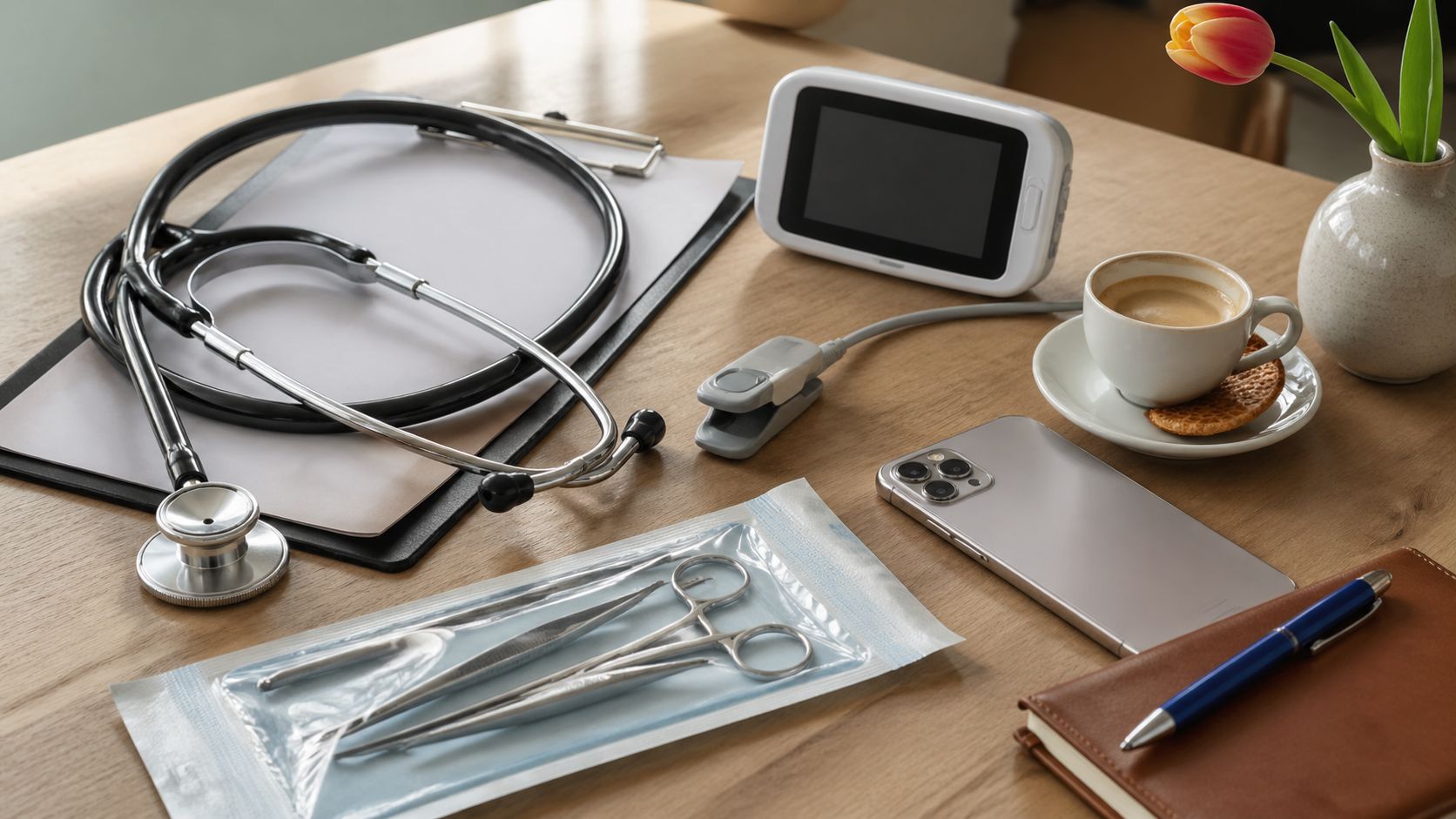 Kliniek werkbalie close-up: stethoscoop, intake-clipboard, narcose-monitor display, smartphone, koffiebeker en notitieblok in zacht daglicht