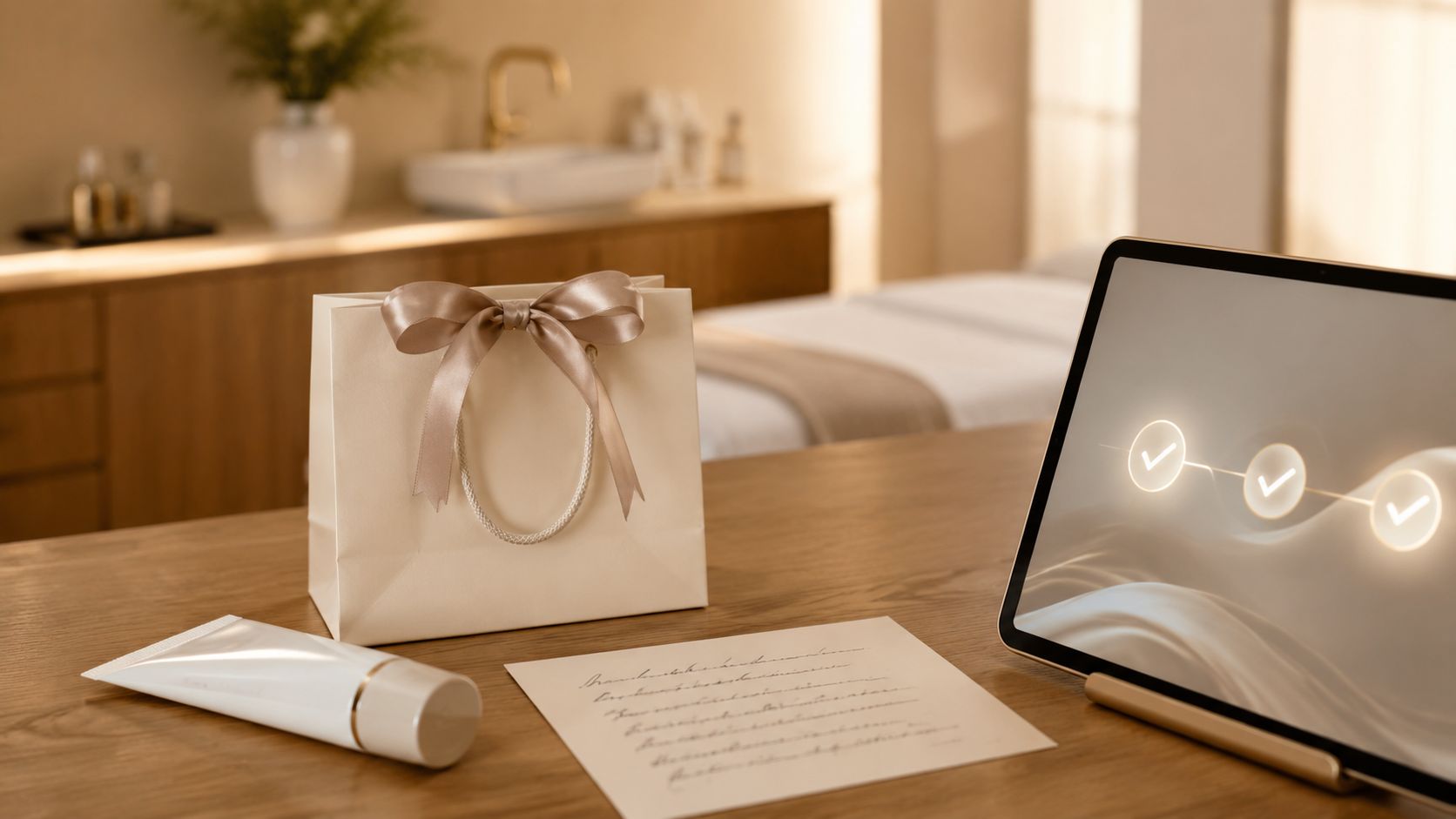 Tablet met digitaal intakeformulier en koffie op de designbalie van een moderne kliniek