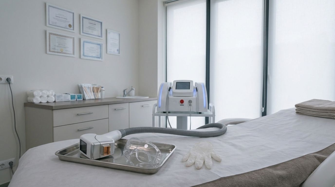 Modern laserontharing-apparaat in een Nederlandse kliniek-behandelkamer met witte muren en medische verlichting