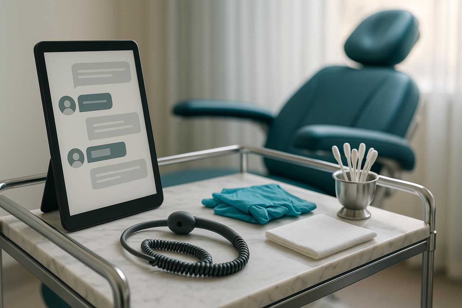 Premium kliniek-werkbalie close-up bij het einde van de dag: een licht-gouden roestvrijstalen behandelblad met een laptop dichtgeklapt maar nog warm, daarop een matzwarte tablet met een schematisch dashboard van abstracte balk-blokken en cijferblokken zonder leesbare tekst, ernaast een gepolijste roestvrijstalen tang in een kleine instrumentenbak, een rolletje crème-witte papieren bedekking, een opgevouwen witte jas over de stoelrug deels in beeld, een glazen waterkaraf met condensatie, een kleine vaas met witte orchidee, alles in warm avondlicht op een crème-marmeren werkbalie, kleurpalet wit-crème met goud-en-chroom accenten, geen mensen in beeld, geen logo's of leesbare tekst