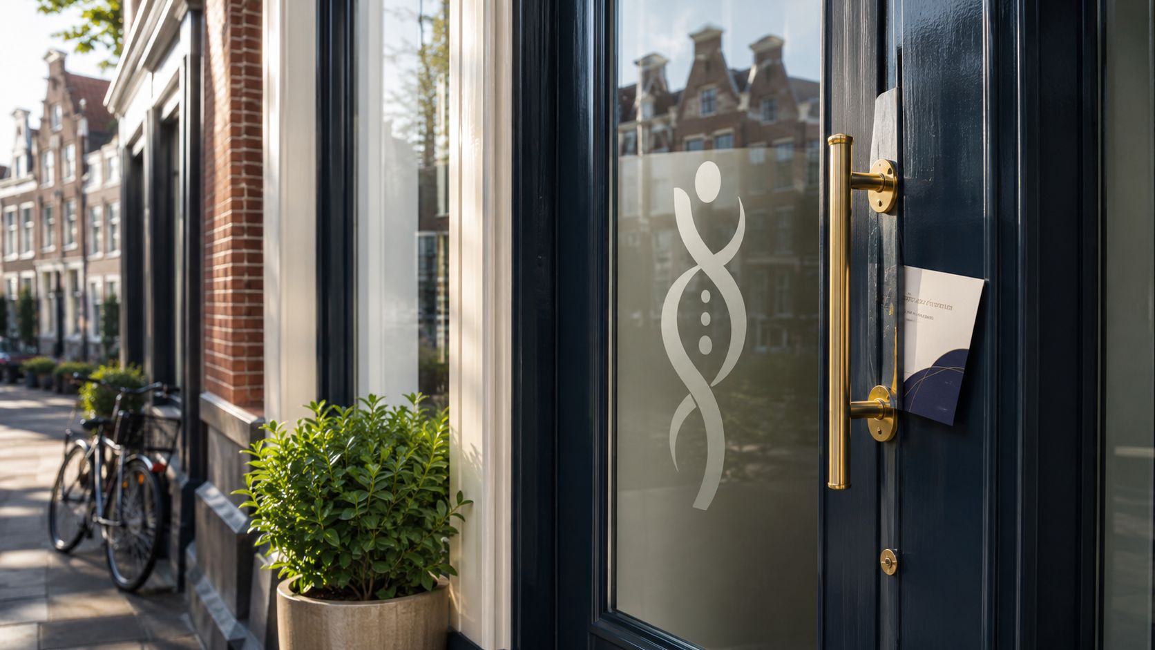 Fysiotherapeut verwelkomt een patiënt bij de ingang van de praktijk aan een Nederlandse stadsstraat