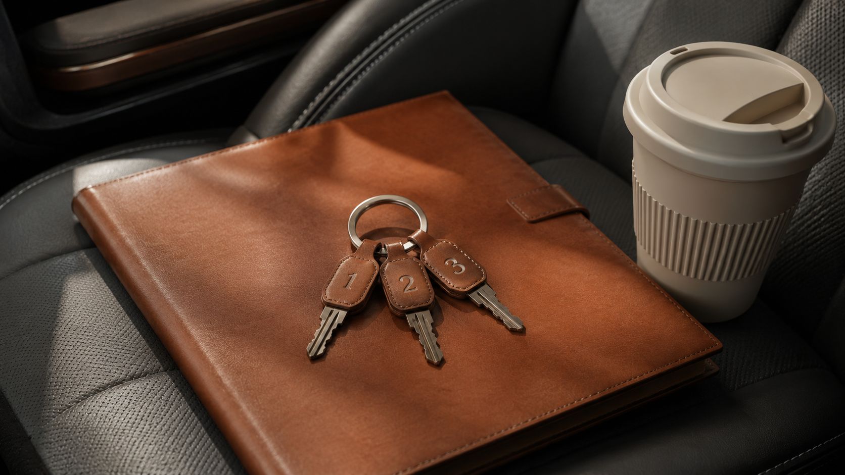 Sleutelbos met meerdere genummerde vestiging-labels op een leren autostoel naast een portfoliomap en koffie in zacht ochtendlicht