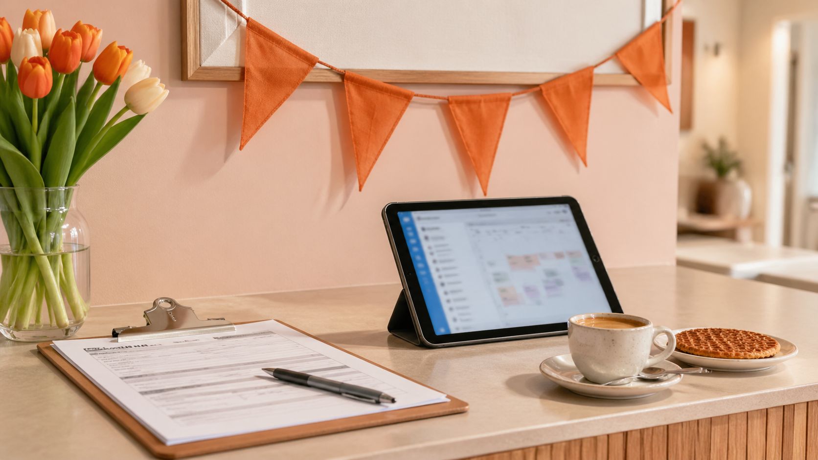 Ontvangstbalie van een kliniek met een tablet en notitieboek met handgeschreven planning, oranje Koningsdag-decoratie, espresso en stroopwafel
