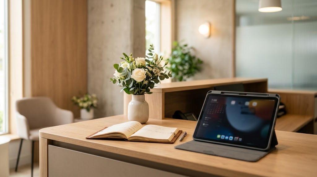 Kliniek receptie met tablet en bloemen