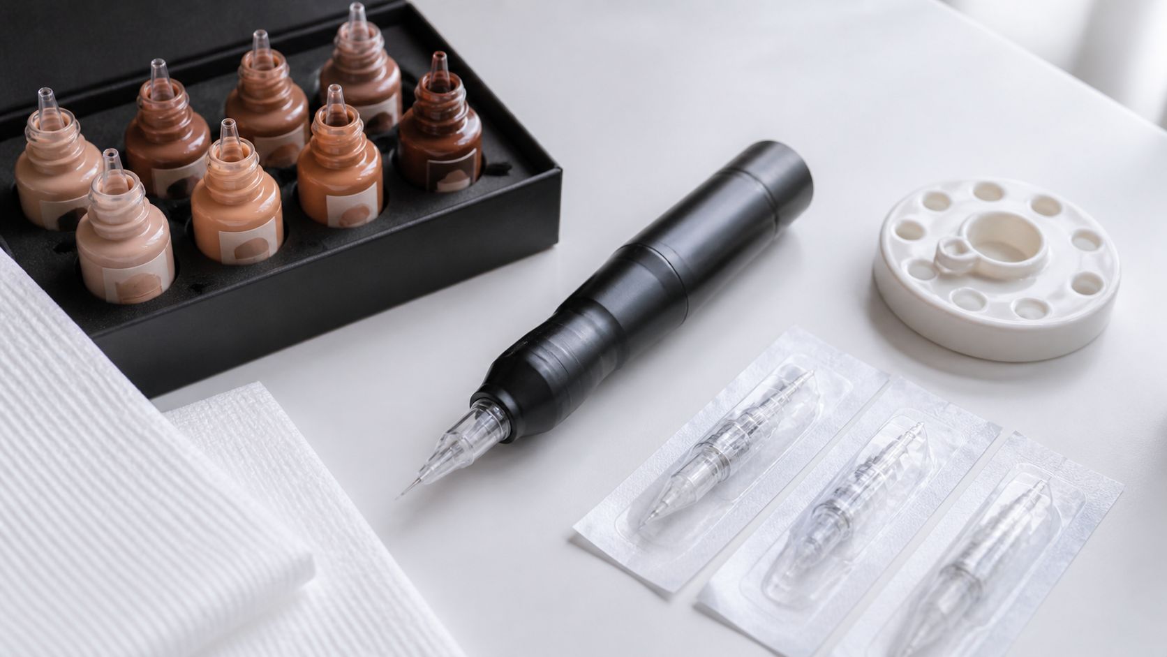 Behandelkamer in een Nederlandse cosmetische kliniek met een PMU-rotary apparaat, pigment-set en disposable cartridges keurig op een witte werkbank, naast een ergonomische behandelstoel en zachte daglampen