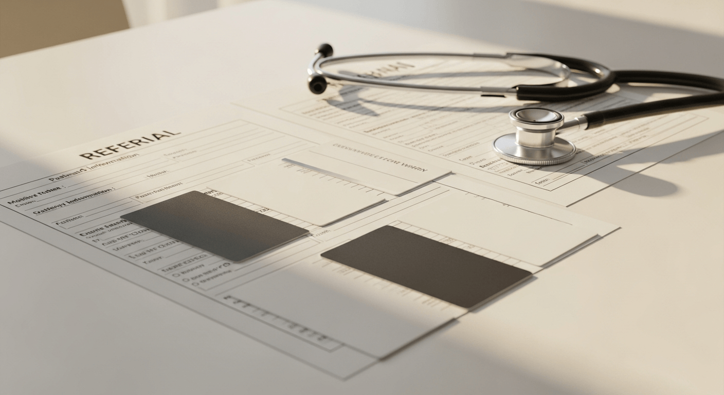 Verwijsdocumenten en visitekaartjes van zorgverleners op bureau