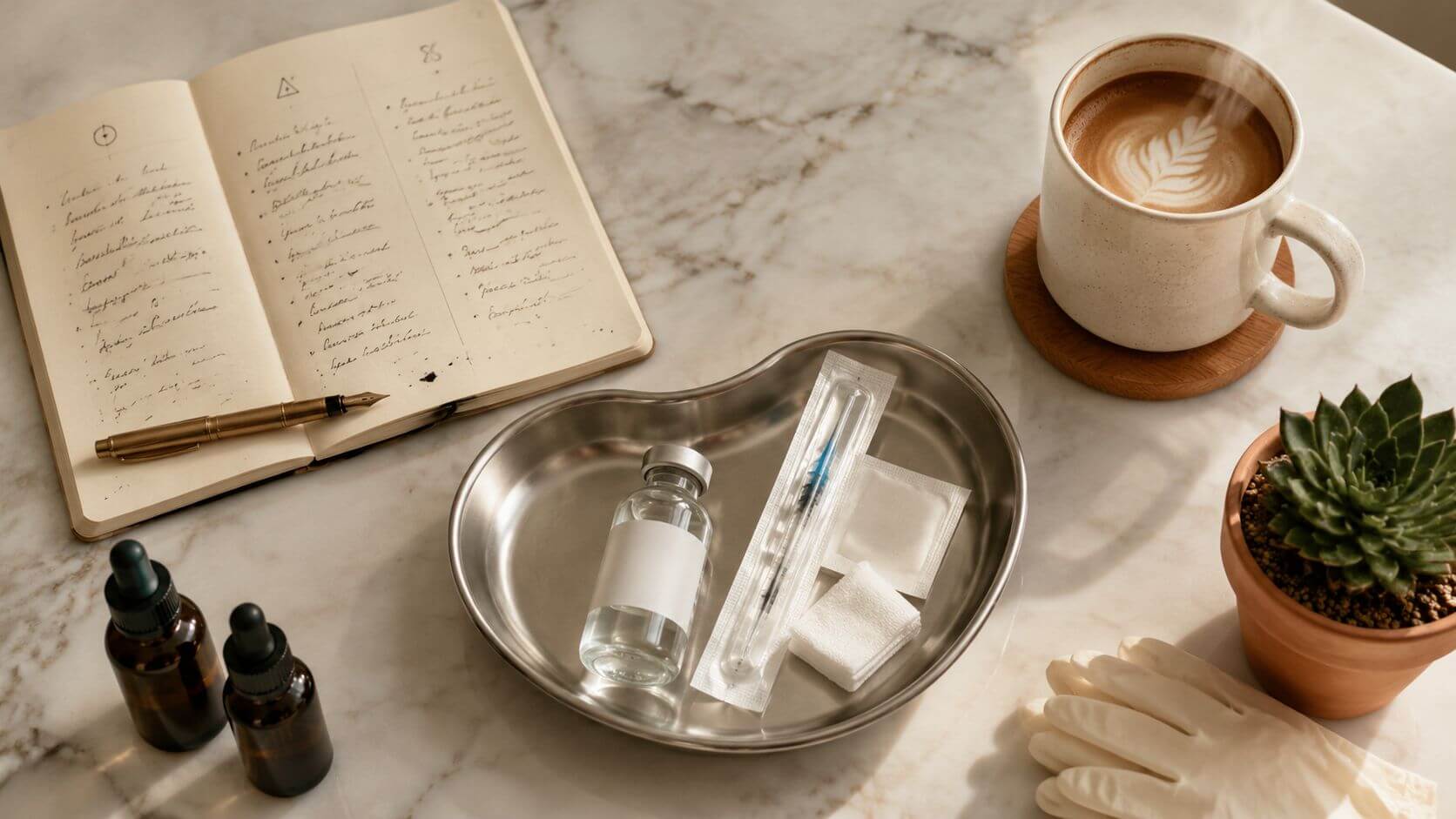 Behandelkamer met skin booster injectie-set, peeling-flacons en consultatie-kaart op een rustig instrumententafeltje