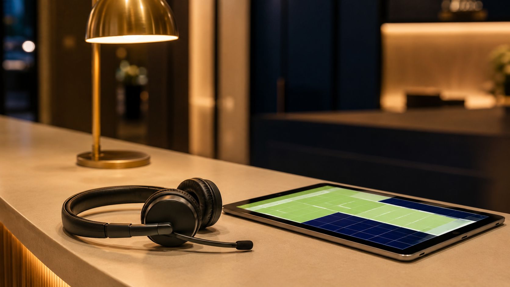 Close-up van een moderne kliniekbalie: een headset en een tablet met een abstract dag-en-avond agendaoverzicht