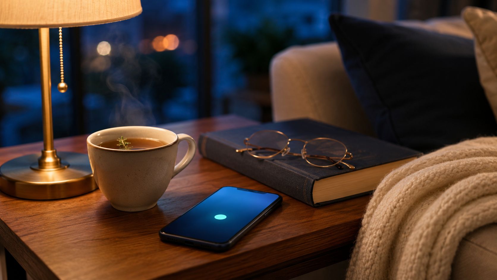 Smartphone op een bijzettafel in de avond die een spoedoproep opvangt terwijl de AI-telefonist het gesprek rustig afhandelt