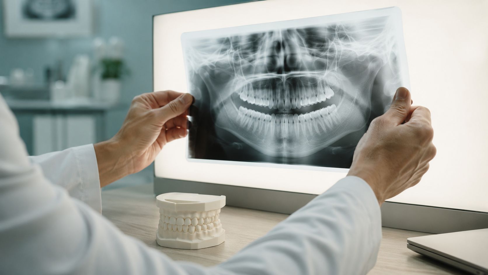Tandarts en praktijkmanager bekijken samen een laptop met patiëntdata in de kliniek