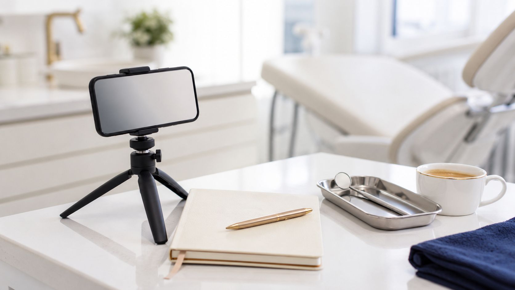 Behandelaar neemt een educatieve video op in een moderne behandelruimte met smartphone op statief