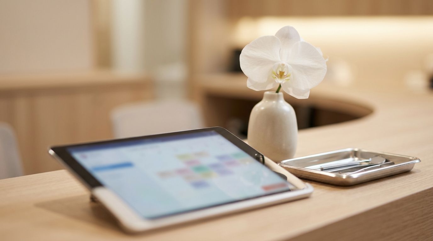 Receptie van een Nederlandse private kliniek met een mooie wachtruimte en een tablet voor afspraken