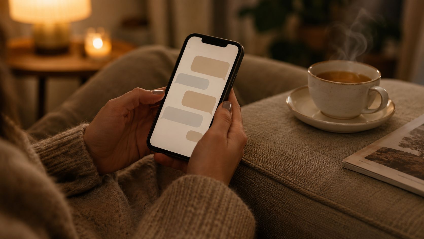 Vrouw houdt s avonds op de bank haar smartphone vast met een rustig WhatsApp-gesprek, naast een kop thee in zacht lamplicht