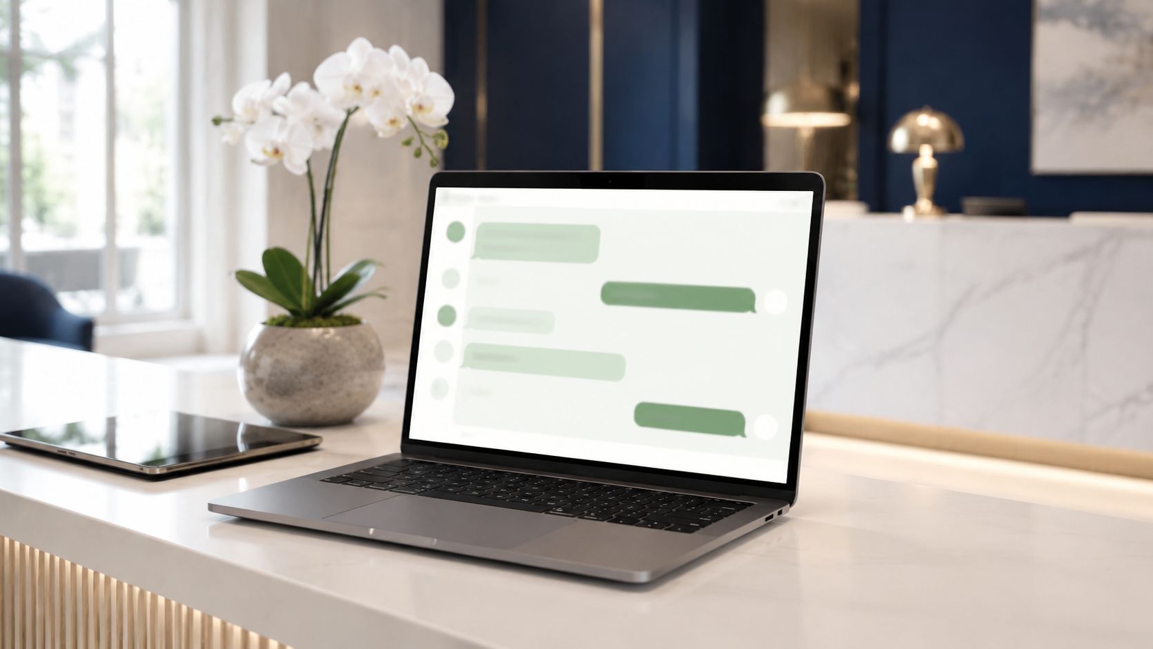 Laptop op een design-balie van een moderne tandartspraktijk met een WhatsApp-gesprek op het scherm, naast een tablet en een kleine plant in warm ochtendlicht