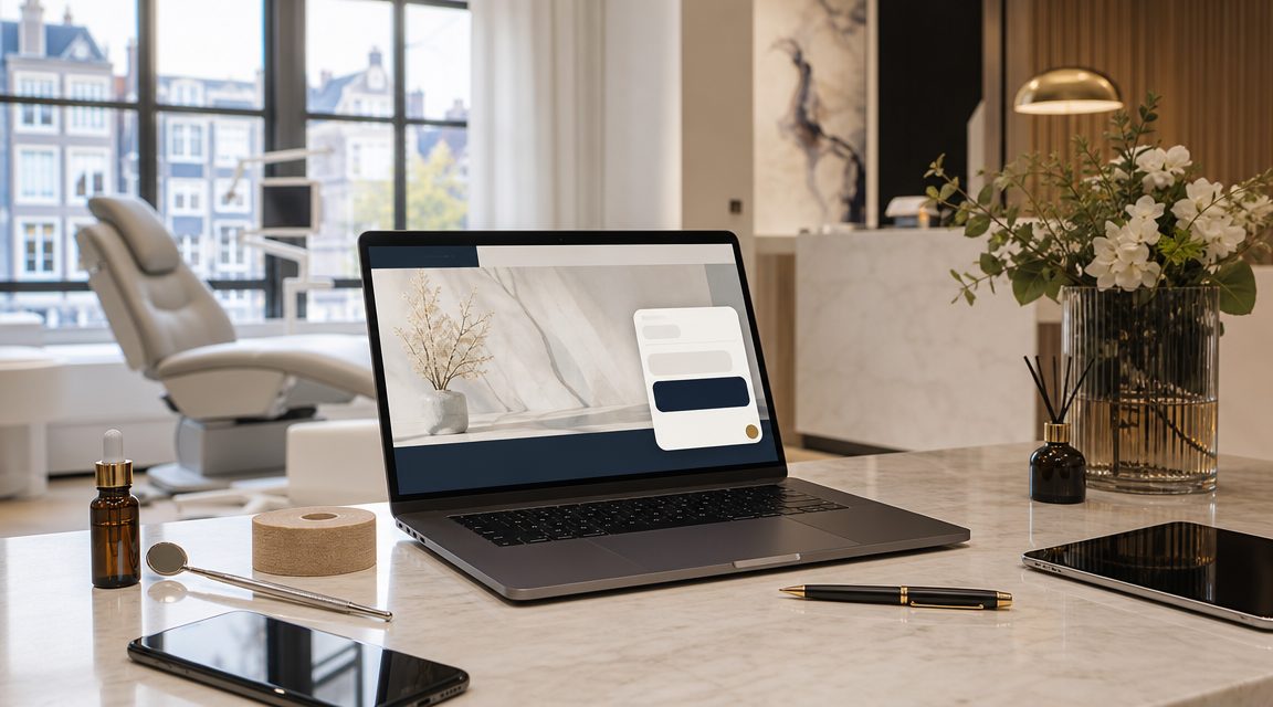 Laptop met chatbot widget voor kliniek website