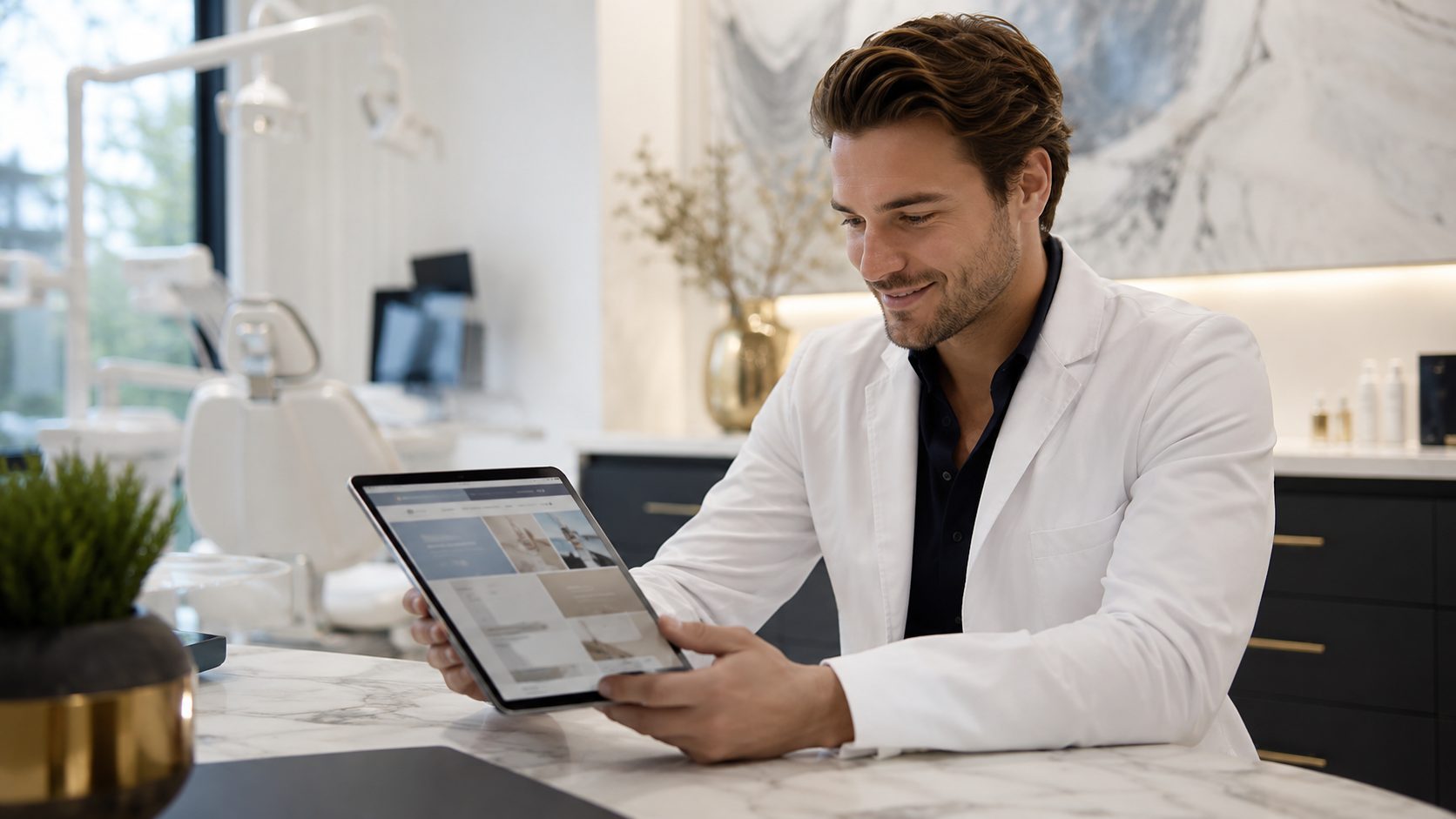 Klinieken eigenaar bekijkt nieuwe website preview op tablet