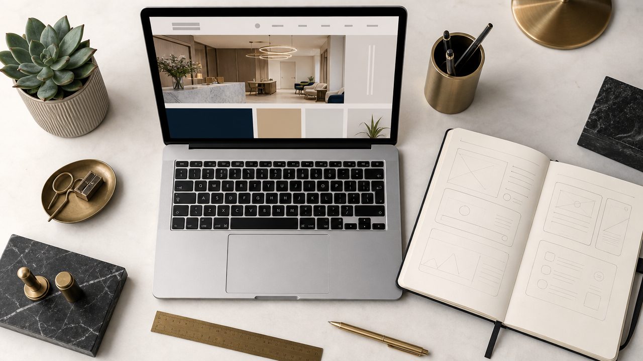 Top-down flat-lay van kliniek website ontwerpproces met wireframe schetsen