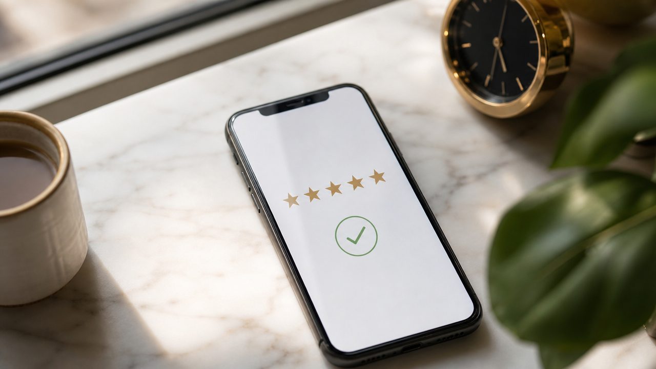 5-sterren review op smartphone — Google review na kliniek klus
